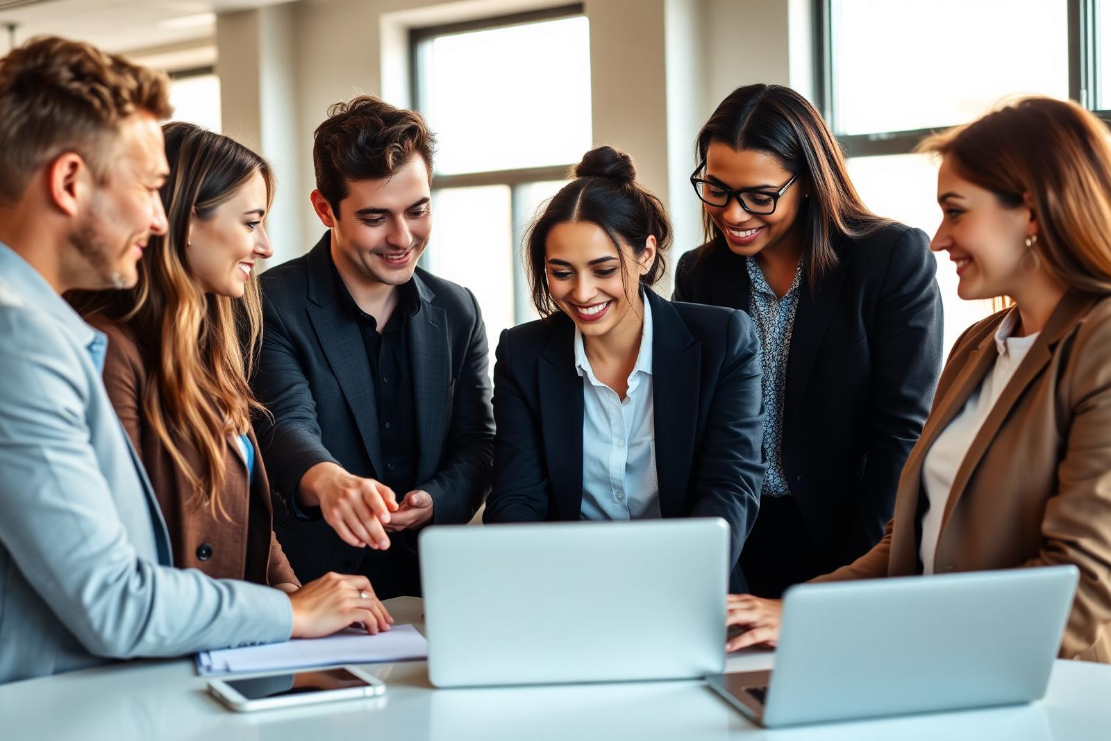 Young professionals collaborating around a laptop in a modern office
