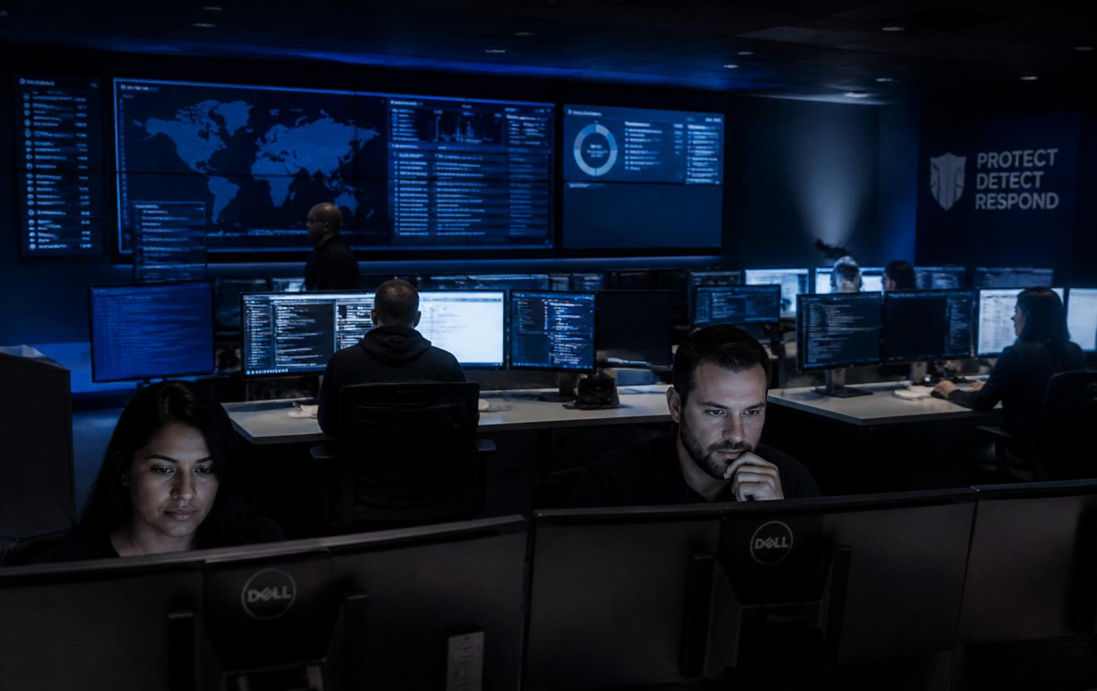 Security operations center with analysts monitoring dashboards